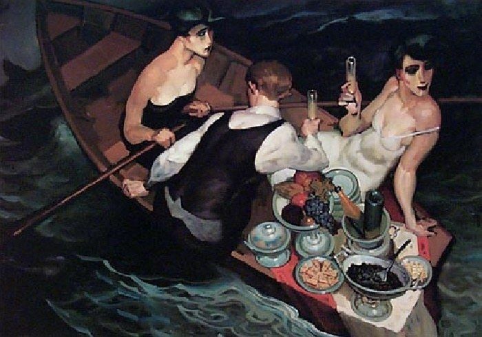 Picnic at the sea, Juarez Machado Schilderij van picknick in een roeiboot