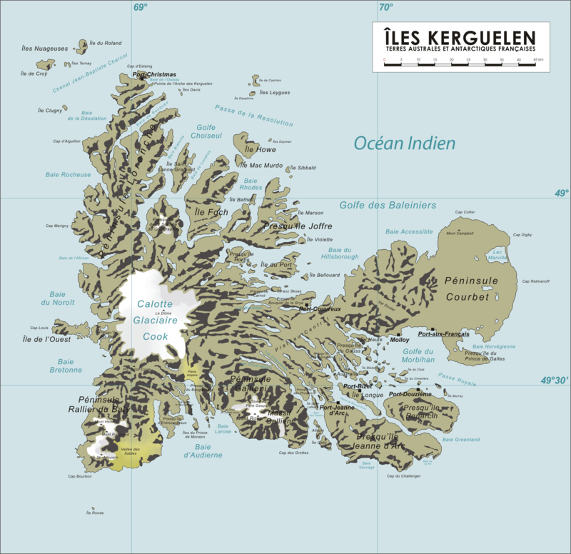Kerguelen_Map. I, the copyright holder of this work, release this work into the public domain. This applies worldwide. In some countries this may not be legally possible; if so: I grant anyone the right to use this work for any purpose, without any conditions, unless such conditions are required by law.