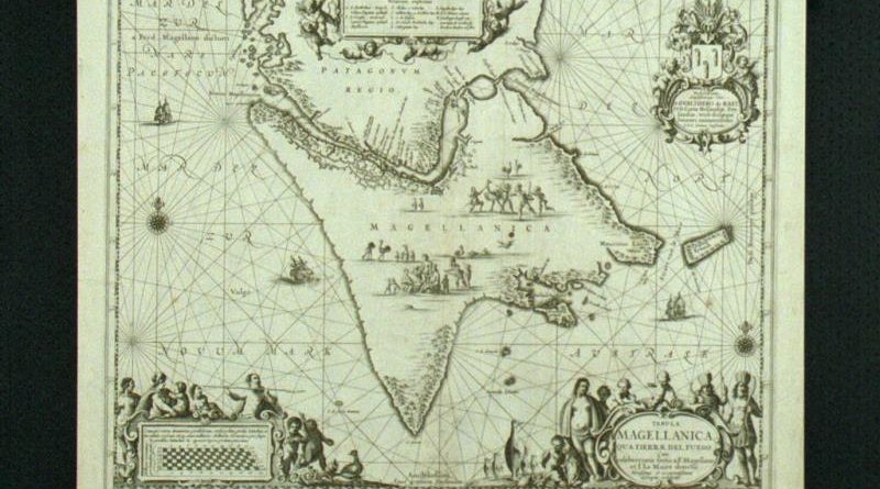 tabula magellanica qua tierrae del fuego kaart gemaakt door j janssonius ca 1652 afgebeeld is vuurland met daarboven de straat maggelaan
